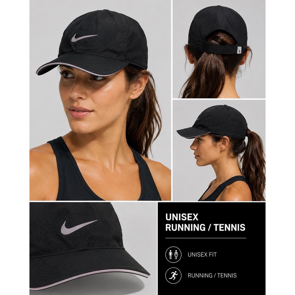 Nike Featherlight Hat Cap Tennis Running‎ Black & White Adjustable Strap Back